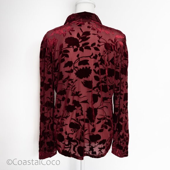 Ultra Pink Burnout Velvet Blouse L Burgundy Floral Sheer Romantic Goth Vampy - Picture 3 of 13